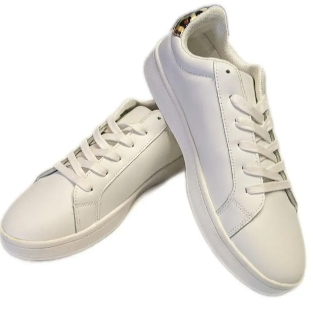 OK white faux leather sneakers, white laces, animal print heel yoke,   8.5